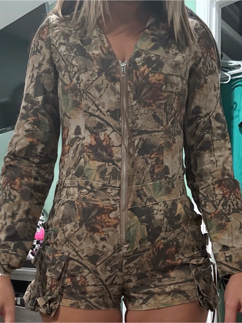 Fashion Nova Camouflage Zip-Front Utility romper - Brown/Green/Black - Picture 5 of 6